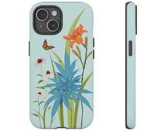 Phone Case - Summer Wildflowers, Monarch Butterfly, Ladybug, Cannabis Sativa Graphics on a Light Blue Back Ground