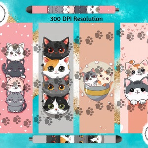 May include: Four digital printable bookmarks featuring cute cartoon cats with paw prints and hearts on a pink and gray background. The text "300 DPI Resolution" is at the top of the image.
