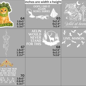 May include: A collection of seven white graphic decal designs labeled 64 through 70, featuring illustrations of a cat in a broccoli hat, skeleton hands, a leopard, a deer, dragons, and a crown, with accompanying text and imperial dimensions.