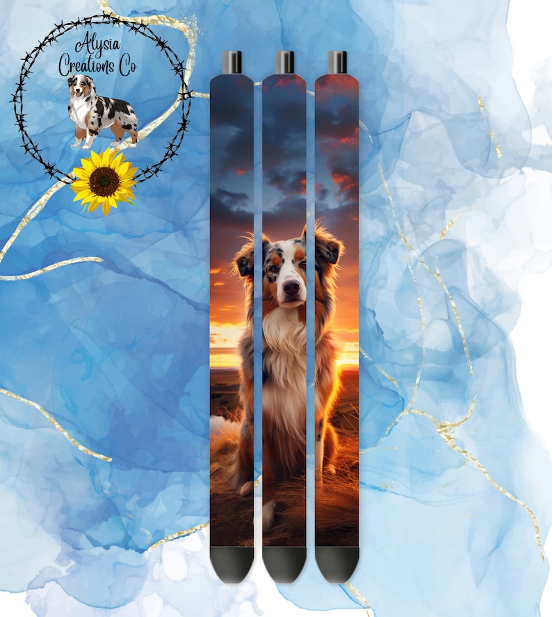 Sunset Australian Shepherd Pen Wraps, Dog Pen Wraps, Colorful Pen Wraps