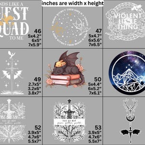 May include: A collection of nine graphic designs featuring fantasy themes including dragons, swords, books, and celestial elements. Each design is numbered from 46 to 54 with corresponding width and height dimensions in inches listed next to each graphic.