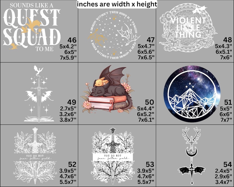 May include: A collection of nine graphic designs featuring fantasy themes including dragons, swords, books, and celestial elements. Each design is numbered from 46 to 54 with corresponding width and height dimensions in inches listed next to each graphic.