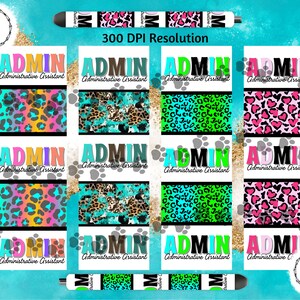 May include: Twelve digital printable stickers with a leopard print, heart print, and abstract print background. The stickers say "Admin, Administrative Assistant".