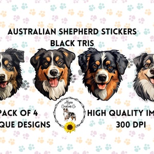 May include: A pack of four Australian Shepherd stickers featuring black tri-colored dogs. The stickers are high quality images at 300 DPI.