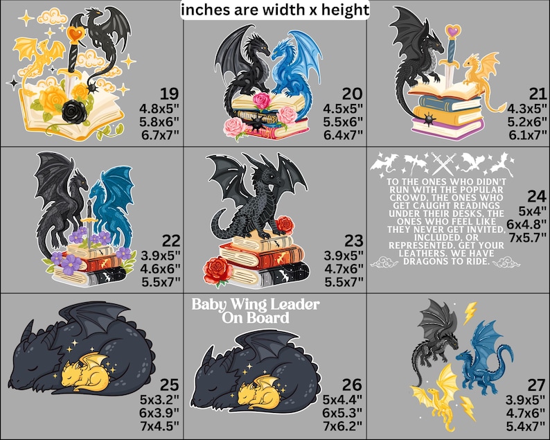 May include: A collection of nine dragon-themed graphic decals featuring various illustrations of black, blue, and yellow dragons with books, swords, and flowers. Each design is numbered 19 through 27 with corresponding dimensions in inches.