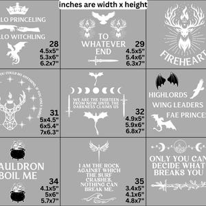 May include: A grid of nine white graphic designs on a gray background, each labeled with a number and specific dimensions in inches. The designs feature fantasy-themed illustrations including stags, dragons, swords, cauldrons, and inspirational text.