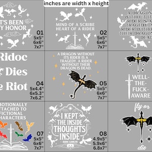 May include: A collection of nine graphic designs featuring dragon illustrations and text quotes. Each design includes specific width and height dimensions in inches, such as 5x5, 6x6, and 7x7, displayed on a gray background with white, black, and colored elements.