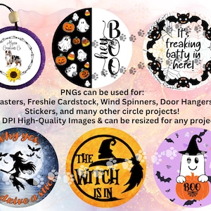 May include: A collection of Halloween-themed circle designs. Includes a purple air freshener with a dog and sunflower, a design with ghosts and pumpkins, and designs with bats, witches, and the text "It's freaking batty in here!"