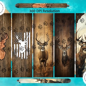 May include: Five different designs featuring a deer on a wood background. The designs include a deer head, a deer with an American flag, a deer in the woods, a deer head, and a deer in the woods. The designs are all in white and brown.