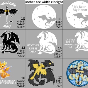 May include: A collection of nine dragon-themed vinyl decals featuring various designs, including silhouettes, text like 'Violent Little Thing' and 'My Other Ride Is Tairn', a yellow dragon, and a stained-glass style dragon, with dimensions in inches.