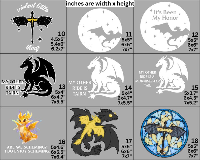 May include: A collection of nine dragon-themed vinyl decals featuring various designs, including silhouettes, text like 'Violent Little Thing' and 'My Other Ride Is Tairn', a yellow dragon, and a stained-glass style dragon, with dimensions in inches.