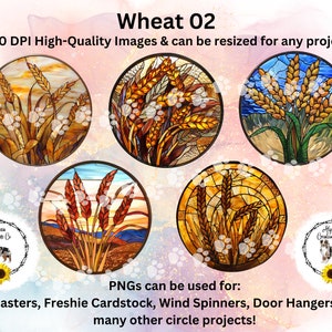 May include: Set of five circular stained glass images featuring wheat stalks in various colors, including brown, yellow, green, and blue. The images are perfect for crafting projects like coasters, cardstock, wind spinners, and door hangers.