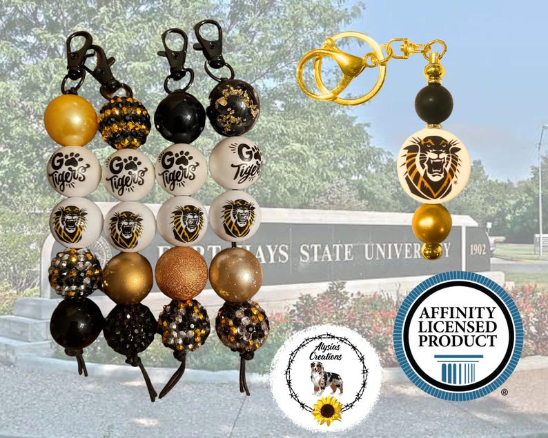FHSU Beaded Keychain, Fort Hays State University, Hays Tigers, Staff Gift, Student Gift, Faculty Gift, Fan Gift, Tiger Keychain Bild 1