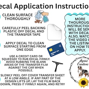 May include: A five-step decal application instruction guide featuring text, icons of a spray bottle, a credit card, and a squeegee. The graphic includes a logo with a dog and a sunflower, and text stating more instructions will be sent with the decal.