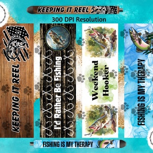 May include: Four different designs for a fishing themed pen. The designs include a wooden background with fishing hooks, a wooden background with an American flag and a fish, a watercolor background with a fish, and a green and white background with a fish and the text "Weekend Hooker".