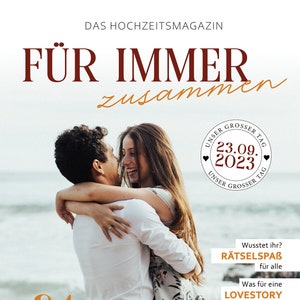 May include: A wedding magazine cover featuring a couple embracing on a beach. The cover text reads "FÜR IMMER zusammen" and "24 Seiten TRAUM & MOMENTE". The date "23.09.2023" is circled and labeled "Unser Grosser Tag".