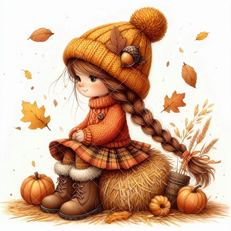May include: A charming illustration of a girl in autumn attire. She wears a mustard yellow knit hat with a pom-pom, a matching sweater, and a plaid skirt. Brown boots, pumpkins, and falling leaves complete the fall scene.