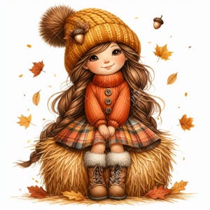 May include: Illustration of a cartoon girl wearing a yellow knit hat with a pom-pom and acorn detail, an orange sweater, and a plaid skirt. She is sitting on a hay bale, surrounded by falling leaves and acorns. Her boots have faux fur trim.