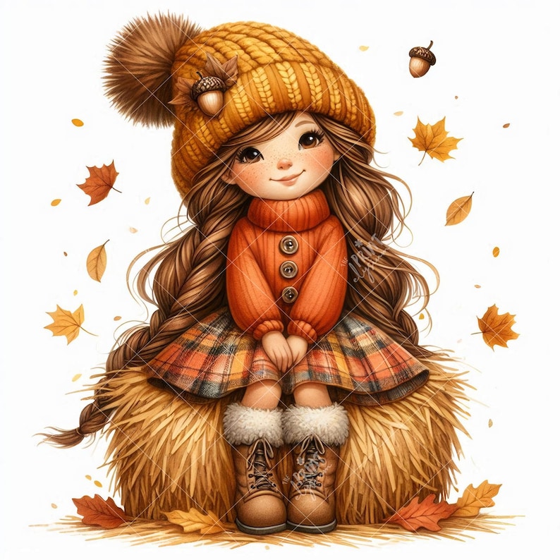 May include: Illustration of a cartoon girl wearing a yellow knit hat with a pom-pom and acorn detail, an orange sweater, and a plaid skirt. She is sitting on a hay bale, surrounded by falling leaves and acorns. Her boots have faux fur trim.