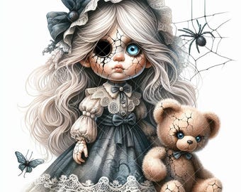 15 Scary Porcelain Gnome Doll Clipart Bundle JPG, Creepy Halloween Gnome Illustration, Horror Gothic Figurine, Spooky Watercolor Digital Art
