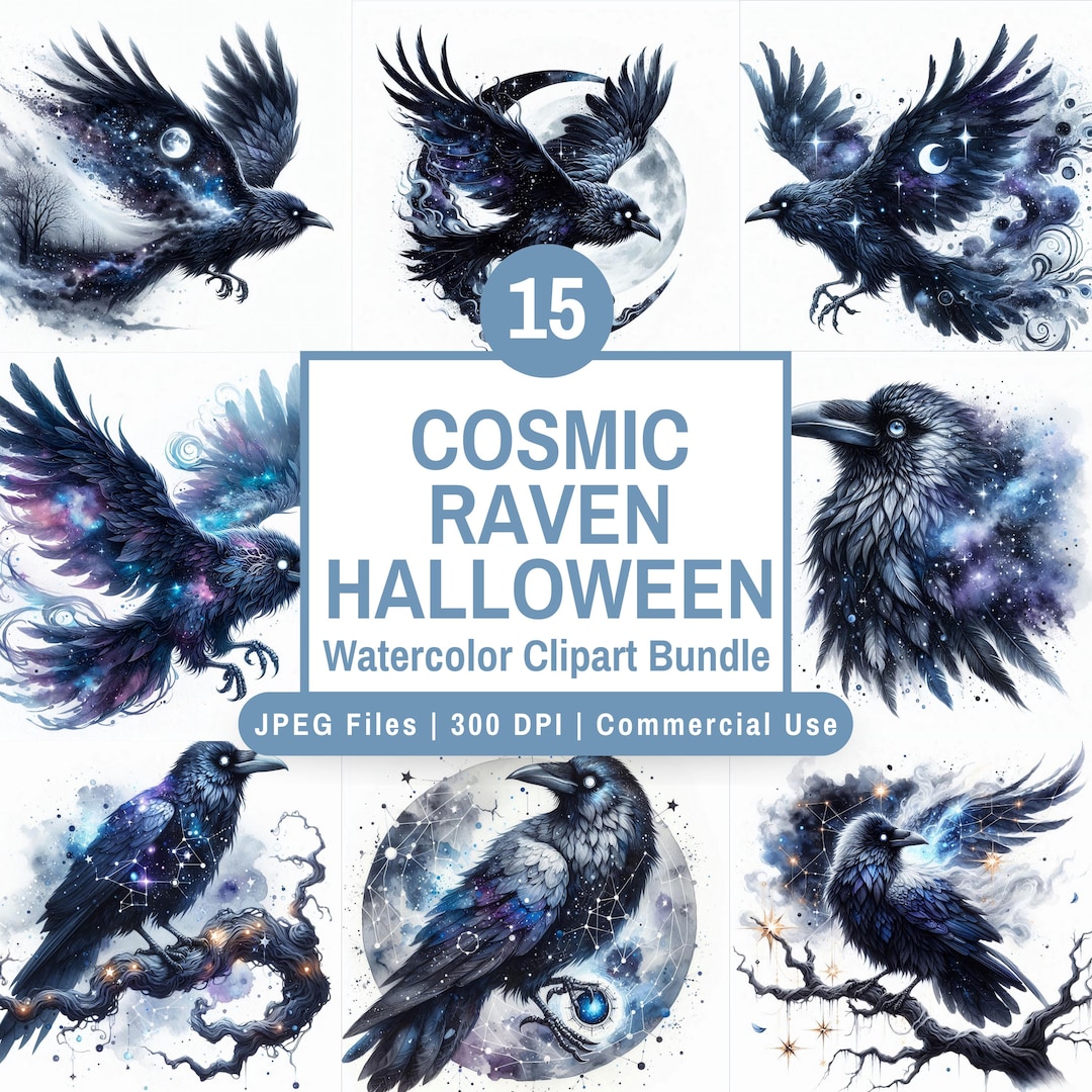 Cosmic Raven Halloween Clipart Bundle, Celestial Raven JPG, Moon and ...