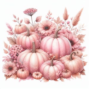May include: An arrangement of pink pumpkins and flowers against a white backdrop. The pumpkins are of various sizes and shapes, with textured surfaces and brown stems. The flowers include dahlias and other blooms in shades of pink and peach.