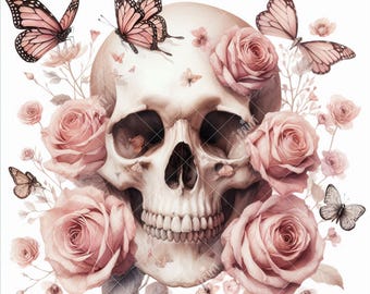 May include: A detailed illustration of a human skull surrounded by pink roses and butterflies. The skull is off-white, with dark eye sockets and a nasal cavity. The roses are a soft pink, and the butterflies have pink and black wings. The overall theme is a blend of gothic and floral.