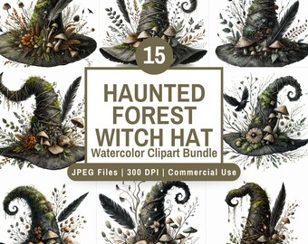 Haunted Forest Witch Hat Clipart Bundle, Spooky Woodland Hat JPG Set, Dark Gothic Halloween Magic Clip Art, Witchy Digital Decor Set