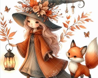Süße Mädchen mit Fuchs Clipart, Herbst Wald Mädchen JPG, süße Herbst Tier, gemütliche Herbst Clipart, Floral druckbare Kunst, sofort-Download