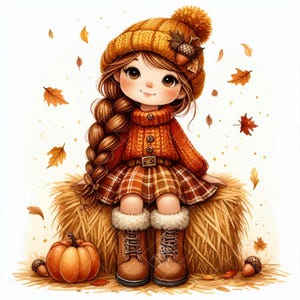 May include: A cartoon illustration of a girl in autumn attire. She wears a knit orange hat with a pom-pom and an acorn, a matching sweater, and a plaid skirt. She sits on a hay bale with a pumpkin and falling leaves.