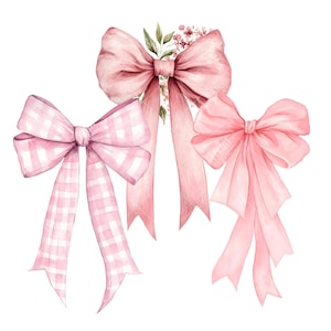 Pink Coquette Bow Clipart Bundle, Watercolor Bow Ribbon PNG, Pink Bow Clip Art, Coquette Aesthetic, Instant Download, Pastel Soft Pink Bow