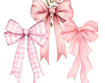 Pink Coquette Bow Clipart Bundle, Watercolor Bow Ribbon PNG, Pink Bow Clip Art, Coquette Aesthetic, Instant Download, Pastel Soft Pink Bow