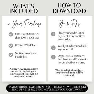 May include: A digital product information graphic with the headings "WHAT'S INCLUDED" and "HOW TO DOWNLOAD". The text describes high-resolution files, file types, and download instructions. A message at the bottom offers support.