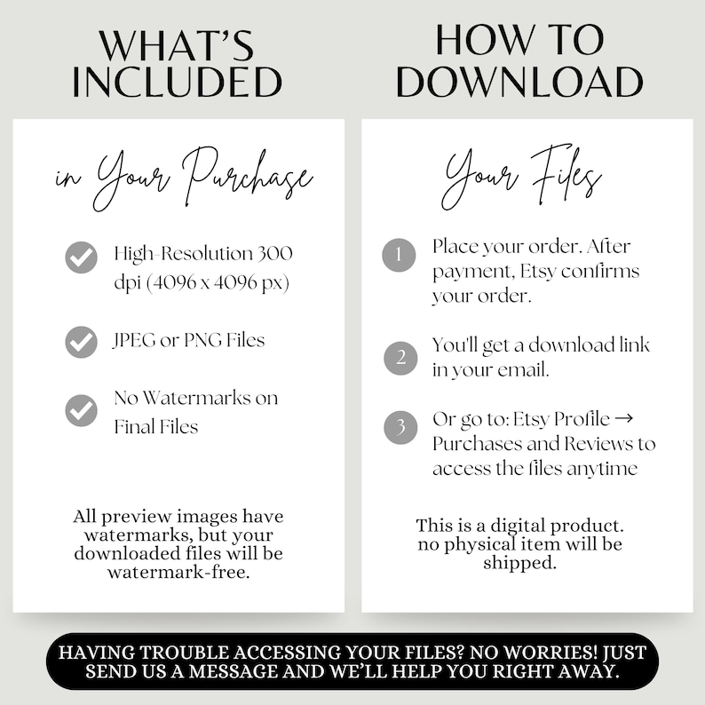 May include: A digital product information graphic with the headings "WHAT'S INCLUDED" and "HOW TO DOWNLOAD". The text describes high-resolution files, file types, and download instructions. A message at the bottom offers support.