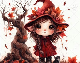 22 Herbst Gnome Mädchen mit schwarzer Katze Clipart, niedliches Herbst Witchy Mädchen JPG, gemütliche saisonale Illustration, wunderliches Halloween-Dekor, Blumenbündel