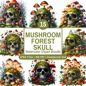 May include: A watercolor clipart bundle featuring multiple images of skulls overgrown with moss and mushrooms. The mushrooms have orange and brown caps. The text reads "Mushroom Forest Skull" and "JPEG Files | 300 DPI | Commercial Use".