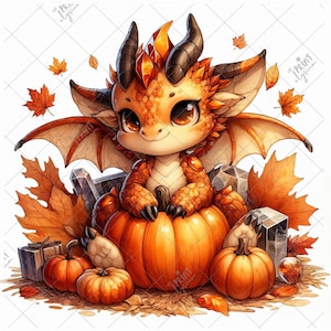 May include: A cartoon dragon with orange scales, horns, and wings sits on a large pumpkin, surrounded by smaller pumpkins, autumn leaves, and crystals. The dragon has large eyes and a friendly expression. The image has an autumn and fantasy theme.