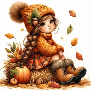 May include: Illustration of a girl in autumn attire, seated on a hay bale. She wears an orange knit hat with a pom-pom, sweater, and plaid skirt. Brown boots with fur trim and falling leaves complete the fall scene.