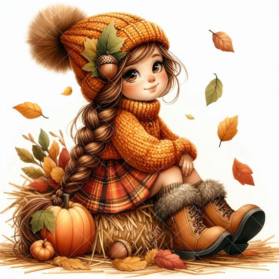 15 Autumn Cute Girl Clipart JPG Bundle, Cozy Fall Watercolor Woman, Cottagecore Seasonal Fashion Digital Art Set, Instant Download, Pumpkin