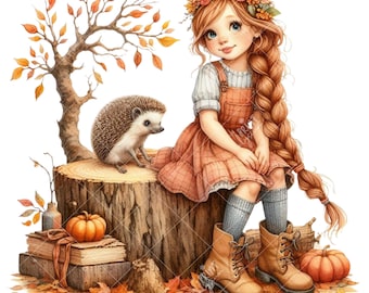 16 Cottagecore Herbst Mädchen mit Igel PNG Clipart, gemütliche Herbst Waldtiere, wunderliche Herbst Mädchen Herbst, süßes Waldtier Set Bundle