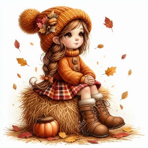 May include: An illustration of a young person in autumn attire. They wear an orange knit hat with a pom-pom, sweater, and boots, and a plaid skirt. The person sits on a hay bale with a pumpkin and falling leaves, evoking a fall theme.