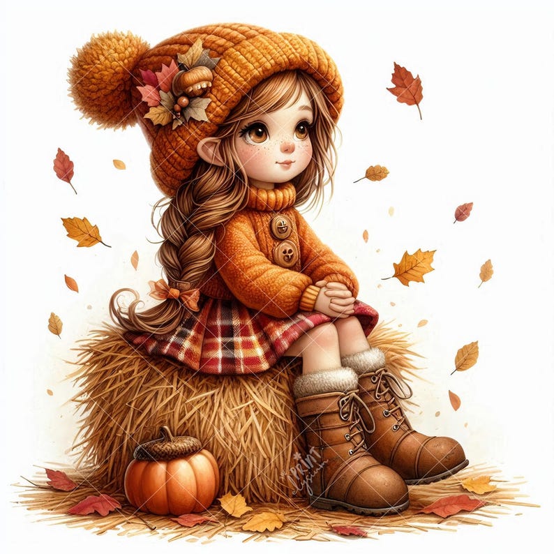 May include: An illustration of a young person in autumn attire. They wear an orange knit hat with a pom-pom, sweater, and boots, and a plaid skirt. The person sits on a hay bale with a pumpkin and falling leaves, evoking a fall theme.