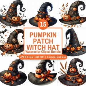 May include: A collection of watercolor witch hats with pumpkin and Halloween themes. The hats are black with orange accents, buckles, and jack-o'-lanterns. The image includes the text "PUMPKIN PATCH WITCH HAT" and "JPEG Files | 300 DPI | Commercial Use."