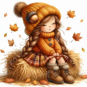May include: A charming illustration of a girl in autumn attire. She wears an orange knit hat with an acorn detail, a matching sweater, and a plaid skirt. Brown boots and falling leaves complete the cozy scene. The girl is sitting on a haystack.