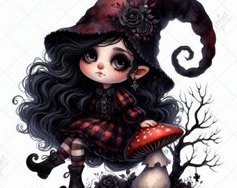 25 Gothic Gnome Girl in Mushroom Clipart Bundle, Spooky Cute Halloween Gnome JPG, Dark Fantasy Autumn Gnome Art, Creepy Woodland Clip Art