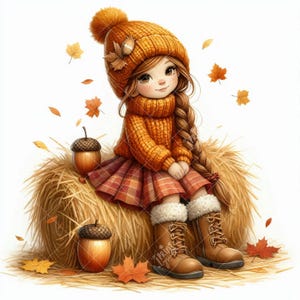 May include: An illustration of a girl in autumn attire, sitting on a hay bale. She wears an orange knit hat and sweater, a plaid skirt, and brown boots. Acorns and falling leaves add to the fall theme.