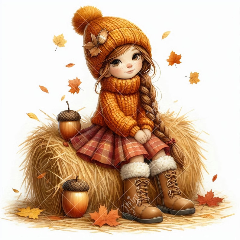 May include: An illustration of a girl in autumn attire, sitting on a hay bale. She wears an orange knit hat and sweater, a plaid skirt, and brown boots. Acorns and falling leaves add to the fall theme.