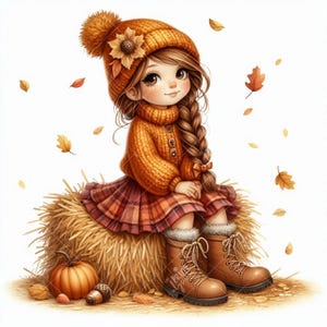 May include: An illustration of a girl in autumn attire. She wears an orange knit hat with a sunflower, a matching sweater, and a plaid skirt. Brown boots and a long braid complete the look. She sits on a hay bale with a pumpkin and acorns nearby, surrounded by falling leaves.