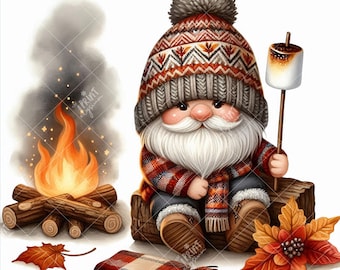 Gemütlicher Camper Gnome Clipart, Herbst Gnome Kunst, Herbst Camping Clip Art, niedlicher Gnom PNG, Waldzwerg Kunst, Lagerfeuer, RV Zwerge, Sofort Download