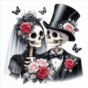 Può includere: Illustrazione di una coppia di scheletri in abito da sposi. La sposa indossa un velo, un copricapo floreale e un abito nero. Lo sposo indossa un cappello a cilindro e uno smoking. Un bouquet di rose e farfalle completano il design. La palette di colori è nero, bianco e rosso.
